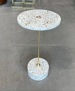 Mesa de centro moderna blanca floral de nácar para una sola persona con soporte de metal, mesa de comedor de lujo para el hogar/restaurante, incrustaciones de perlas - Product Image 1