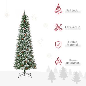 "9ft Flocked Christmas <b>Tree</b> with <b>LED</b> Lights & Stand Slim Pine Cones & Red Berries Decorations" - Product Image 4