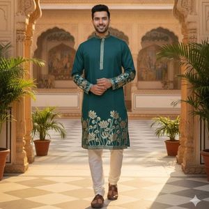 Royal Celebrity Silk Kurta <b>Pajama</b> <b>Set</b> with Gold Foil Embroidery Premium Ethnic Wear <b>for</b> Weddings, Festivals And Special Occasion - Product Image 1