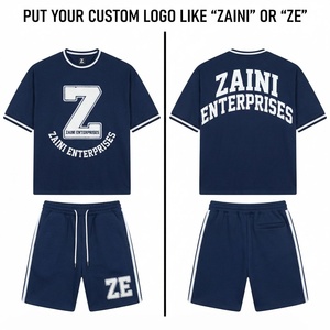 Mens Cotton Jersey T Shirt Short Set 240 GSM <b>Navy</b> Blue White Contrast Trim Custom Chenille Embroidered Logo Streetwear Outfit - Product Image 1