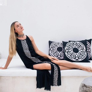 Robe longue bohème noire pour femme, style débardeur à franges, en coton, fendue, sexy, style festival, imprimé tribal, pour le yoga et les occasions festives - Product Image 4