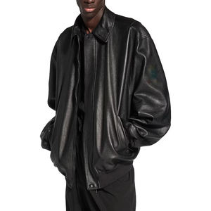 Men's Black PU Leather Bomber Jacket Turn-<b>down</b> Collar Zipper Closure Casual Style Regular Length Solid Color Loose Fit - Product Image 4
