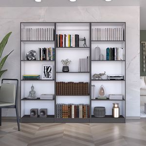 Set di Librerie Bartow in 3 Pezzi, Grigio Opaco e Bianco, Larghezza 188 cm con 14 Ripiani per Soggiorno - Product Image 1