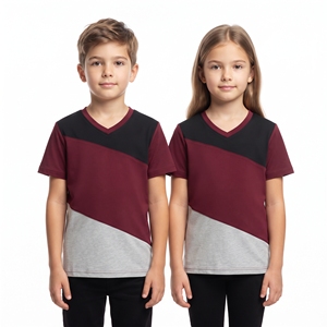Camisetas de Manga Corta con Cuello en V para Niños y Niñas, Diseño de Bloques de Color en Tres Tonos, Ropa Casual Personalizada al por Mayor para Niños - Product Image 1