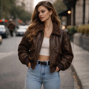 Chaqueta Bomber de Cuero Marrón Vintage Extra Grande para Mujer, Estilo Aviador Retro - Product Image 4