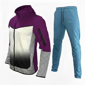 Ensemble de survêtement streetwear de luxe au design tendance, vente en gros et personnalisation du logo, survêtement avec pantalon évasé et veste à capuche zippée à col. - Product Image 2