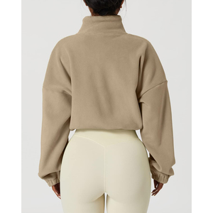 Sudadera corta de forro polar beige para mujer con cremallera, cuello alto, hombros caídos, manga larga, estilo oversize, ropa de otoño para mujer, ODM - Product Image 2