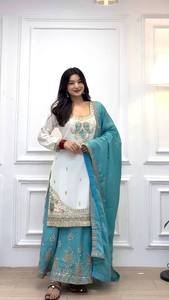 ชุดคุर्ติผ้าฝ้ายไมโครปักลายสีขาว พร้อมชุดชาราร่าสีฟ้าคราม ผ้าไม่ยับ พร้อมผ้าคลุมไหล่ ชุดแต่งงานสำหรับผู้หญิงอินเดียและปากีสถาน - Product Image 1