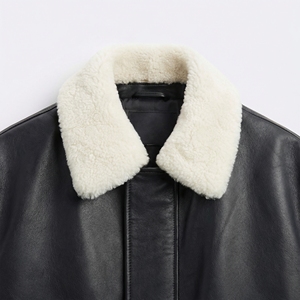 Black Shearling Collar Leather Bomber Jacket | Faux Leather Jacket | Oversized Streetwear Zip Bomber | Custom OEM Manufacturer - Product Image 3