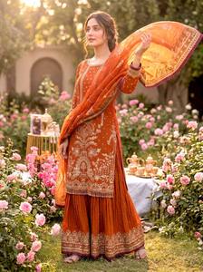 Costume Anarkali traditionnel indien pakistanais pour femmes, en soie brodée orange, longueur au sol, coupe régulière, tenue de mariage - Product Image 3