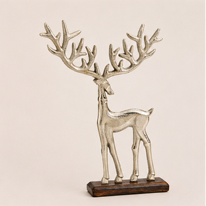 Handmade Silver Aluminium Reindeer Sculpture on Solid Mango Wood Base Elegant Standing Stag Figurine For <b>Christmas</b> Home Decor - Product Image 1