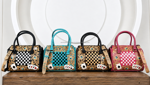 Nuevo Bolso de Mano Personalizado con Diseño Floral en Relieve, Bolso de Cuero Vacuno a Cuadros Blanco y Negro con Diseño de Tarjeta, Bolso de Viaje para Mujer - Product Image 4