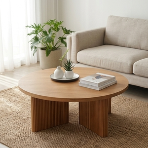 Table basse moderne ronde en teck massif avec base cannelée, fabriquée à la main, écologique, pour le salon. - Product Image 5