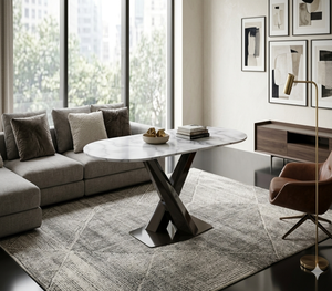 โต๊ะรับประทานอาหารหินอ่อนรูปวงรีทันสมัยพร้อมฐานรูปตัว X สแตนเลสสีดำ เฟอร์นิเจอร์ห้องรับประทานอาหารสุดหรู - Product Image 3