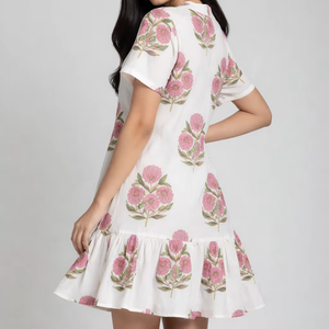 Vestido Mini de Algodón Estampado para Mujer, Estilo Boho Casual, Manga Corta, Corte Regular, Dobladillo Acampanado, para Primavera, Fiesta, Estampado Floral, Línea A, Uso Diario de Verano - Product Image 1