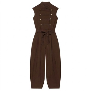 Combinaison marron sans manches à col mandarin, taille haute, jambe large, ceinturée, style chinois, pour femme, longueur intégrale, couleur unie, coupe ample - Product Image 1