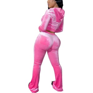 2 Piece Winter Eco-Friendly Fleece <b>Zip</b> <b>up</b> <b>Crop</b> Jacket Bell Bottoms Long Pants Pockets Set Streetwear Fashion Cotton Tracksuit - Product Image 1