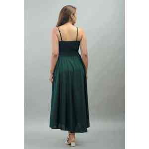Vestido Midi de Algodón Verde Oscuro para Mujer, Tirantes Finos, Busto Fruncido, Corte en A, Casual, Verano, Maxi Vestido - Product Image 3