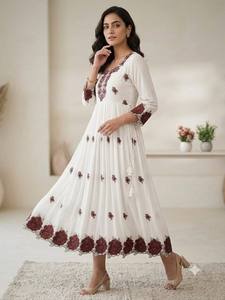 Women's White Cotton Embroidered Kurta With <b>Maroon</b> Floral Design Loose Fit Midi Traditional Indian & Pakistani Style <b>Dress</b> - Product Image 4
