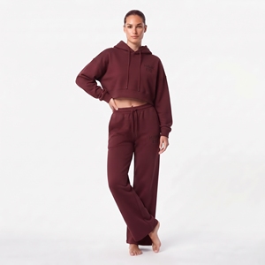 Ensemble deux pièces pour femme : sweat à capuche court et pantalon de jogging large en molleton de coton, couleur unie, décontracté, manches longues, coupe ample - Product Image 1