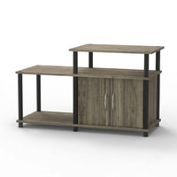 Meuble TV asymétrique industriel 1828 en bois, console multimédia avec rangement, étagère ouverte, centre de divertissement, panneau gris chêne