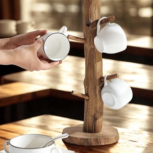 Rustic Double Tier Wooden Mug <b>Tree</b> <b>Stand</b> Floor Type Coffee Cup Holder Rack 6 Hooks Kitchen Home Caf Office Eco Friendly - Product Image 3