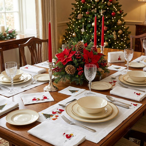 Ensemble de nappes et de serviettes de table de Noël à motif floral brodé de luxe, 100% lin, lavable en machine, décoration de maison pour les fêtes - Product Image 3