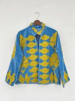 Veste vintage en velours à col mandarin avec applique turquoise motif bonbon, coupe ample, manches longues, manteau d'hiver