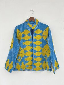 Chaqueta Vintage de Terciopelo con Cuello Mandarín y Apliques Turquesa con Patrón de Caramelos, Corte Holgado, Manga Larga, Abrigo de Invierno - Product Image 1