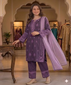 Purple Embroidered Cotton Salwar Kameez Dupatta Women Traditional Casual Wear 84870 BHANDERI- BE-465 - Product Image 2