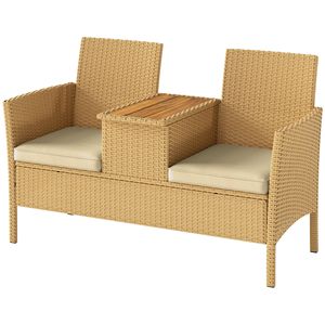 Divano a due posti in vimini color kaki con tavolino ribaltabile e cuscini per balcone, giardino, prato o cortile, ideale per aree sportive - Product Image 1