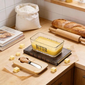 <b>Glass</b> Butter Dish With Wooden Lid Stylish Modern Kitchen Breakfast Butter Storage <b>Container</b> Elegant Serveware From India - Product Image 5