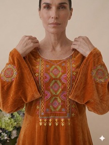 Vestido Largo de Terciopelo Estilo Boho con Bordado Floral, Manga Larga, Cuello Redondo, Corte Holgado, Ropa Casual de Otoño - Product Image 3