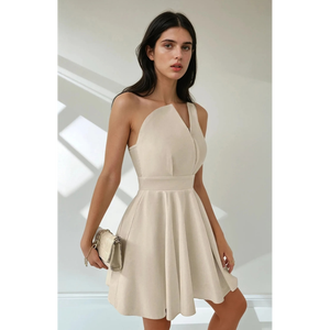 Vestido mini plisado de un solo hombro color crema marfil, corte evasé con cintura fruncida - Product Image 2