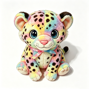 Peluche Leopardo Arcobaleno, Ghepardo Tie-Dye Pastello con Grandi Occhi e Fiocco, Morbido Gatto Maculato Colorato - Product Image 2