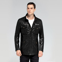 Blouson d'hiver en cuir véritable pour homme noir, col montant, logo sur le devant, fermeture éclair, doublure en spandex RELEVO INDUSTRY 300g
