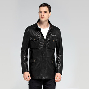 Black Men's Genuine <b>Leather</b> <b>Winter</b> Bomber <b>Jacket</b> with Stand Collar Front Logo Zipper Closure RELEVO INDUSTRY Spandex Lining - Product Image 6