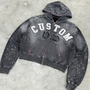 เสื้อฮู้ดซิปผ้าฝ้าย 100% ขายดี ปักลายกลิตเตอร์ พิมพ์ลายวินเทจ ล้างทำสีซีด แต่งคริสตัล แฟชั่นสุดฮิต - Product Image 4