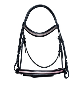 Bride de cheval en cuir avec bandeau gris pailleté et muserolle rembourrée rose, bride équestre réglable - Product Image 1