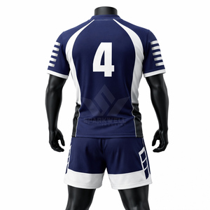 Ensemble de maillot de rugby bleu marine et blanc pour homme, col en V, manches courtes, polyester sublimé, respirant, coupe athlétique, uniforme d'équipe adulte - Product Image 2