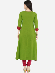 Womens Green Cotton Slub Mirror Work Anarkali Kurta With Round Neck <b>Three</b> Fourth Sleeves Crafted For Global Ethnic Casual Wear - Product Image 6