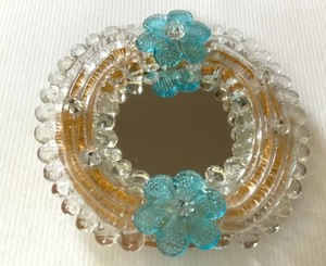 Murano <b>Mirror</b> Blue Flowers Glass <b>Tabletop</b> Perfume Vanity Tray or Wall Hanging Gold Accent Vintage Italy Italian Wood Backing - Product Image 3