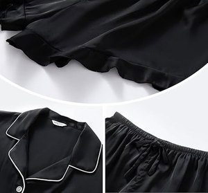 Women's Satin <b>Pajamas</b> <b>Set</b> Short Sleeve Solid <b>Black</b> Turn-down Collar Button Fly Classic Sleepwear Summer Wear - Product Image 4