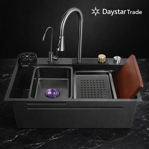 Évier de cuisine rectangulaire Daystar Trade moderne à encastrer, en acier inoxydable brossé, fait main, avec robinet noir, épaisseur 0,6 mm - Product Image 1