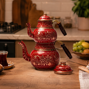 Handmade Turkish Copper Tea <b>Set</b> Wholesale, Traditional Red Floral Tea Pot, Double Kettle <b>Teapot</b> for Home and Restaurant Use - Product Image 4