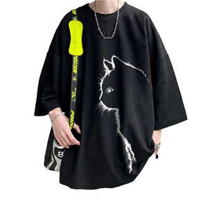T-shirt noir surdimensionné pour homme avec imprimé chat blanc, manches courtes, col rond, style streetwear, tissu jersey respirant, coupe ample - Product Image 6