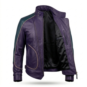 Veste de motard Darkry personnalisée pour homme en cuir véritable violet avec empiècements turquoise et fermeture éclair asymétrique – Vente en gros - Product Image 5