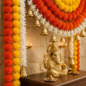 Traditional Indian Flower Toran Garland with Bells for Wedding Door Decor Outdoor Entryway Hanging Home Decor - Product Image 5