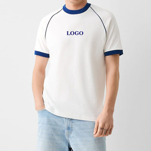 Men's <b>White</b> Raglan Sleeve T-Shirt With Blue Contrast Trim Regular Fit O-Neck Casual Jersey Cotton Top Front Logo Print - Product Image 4