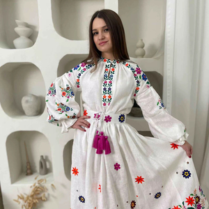 Women <b>Boho</b> Embroidered Cotton Maxi <b>Dress</b> Vintage Floral Handwork Tassel Tie Waist <b>Long</b> Sleeve Ethnic Style Summer <b>Dress</b> - Product Image 1